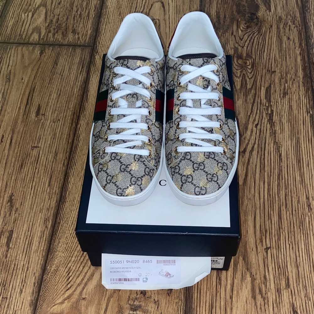 Gucci Beige Monogram Sneakers with Red and Green Accents